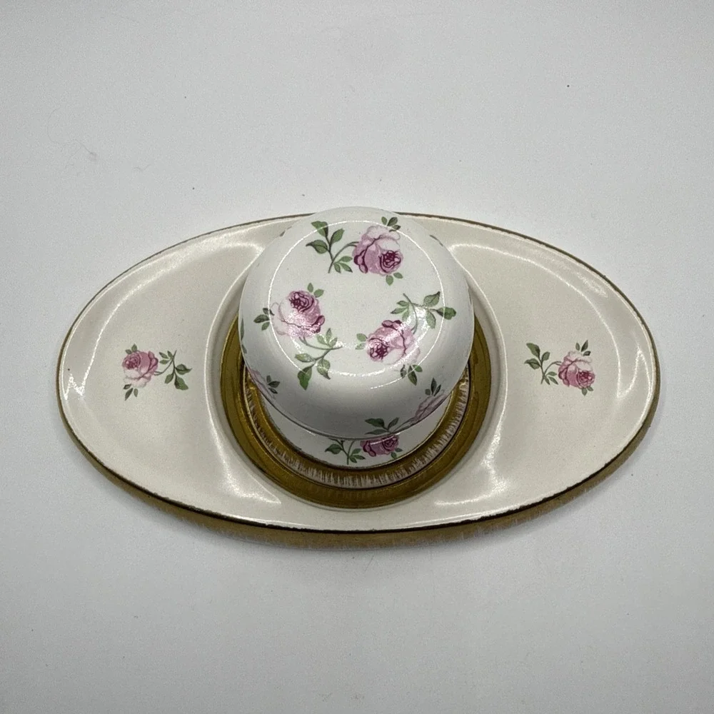 Vintage Hand Painted W/ Pink Roses And Gold Accents Porcelain Wall Knob On Board